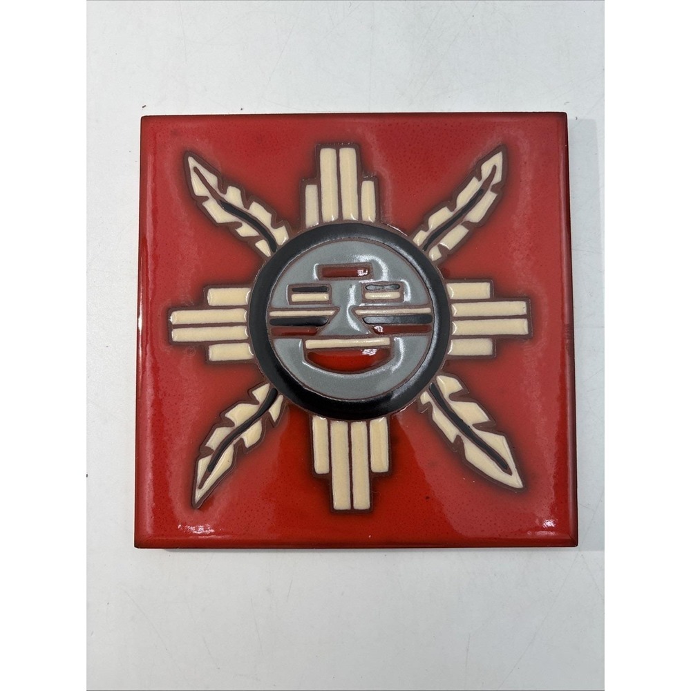 Vintage New Mexico red hand painted Zia Sun‎ Tile trivet art 6"x6"